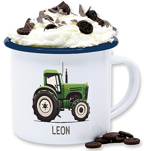 Emaille Tasse Blechtasse - Traktor mit Name personalisiert I Landwirte Geschenk Landwirt I Traktoren Geschenke Trecker I Landwirtschaft - 300 ml - Weiß Blau - kinder bulldog kaffeetasse bauer