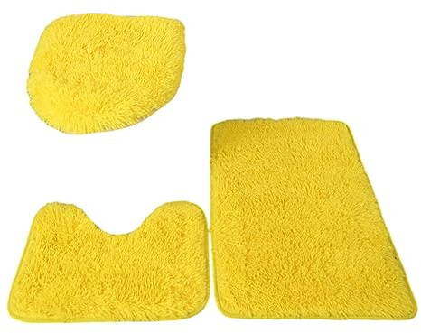 rongweiwang 3 teiliges exquisites Handwerkskunst und rutschfestes Badezimmerteppich Set für stilvolle Touch PU Teppiche, Matten Set, WC Abdeckung, hergestellt aus PU, Gelb