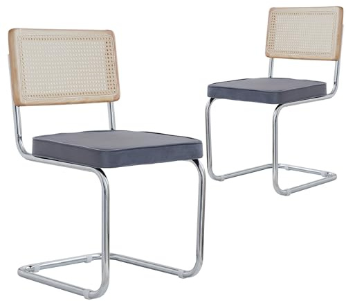 GrandCA HOME Modernes 2er-Set Esszimmerstühlen mit Rückenlehne aus Natürlichem Rohrgeflecht und Gestell aus Rostfreiem Chrom, Gepolsterte Küchenstühle aus Rattan,Grau