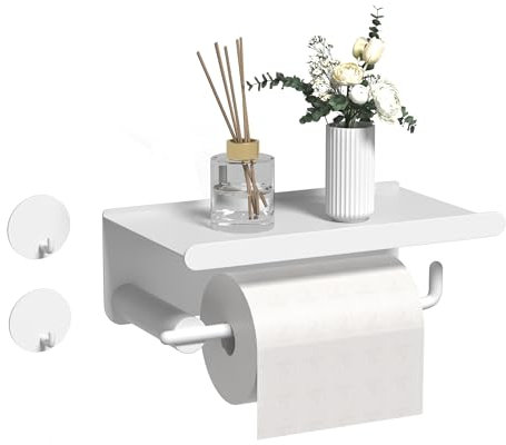 Porte Papier Toilette: Porte Papier Toilette Mural Acier Inoxydable Auto-Adhésif sans Perçage avec Étagères Support Papier Toilette avec Porte Rouleau WC pour Salle de Bain et Cuisine (Blanc)