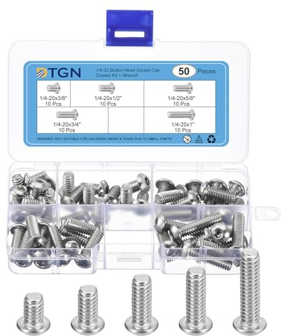 DTGN 50Pack 1/4(D) Button Head Socket Cap Screws Kit - 3/8,1/2,5/8,3/4,1 (L) 304 Stainless Steel UNC Thread Hex Socket Cap Screw Assortment with S5/32 Wrench - Good for Machine