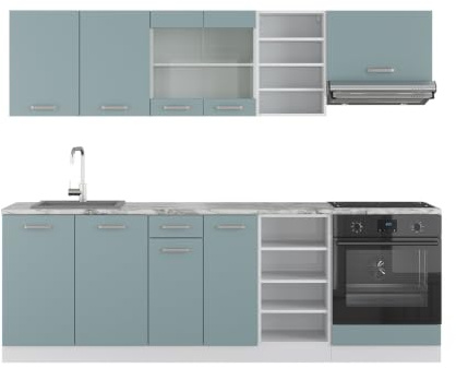 Vicco Küchenzeile R-Line, Blau-Grau, 240 cm
