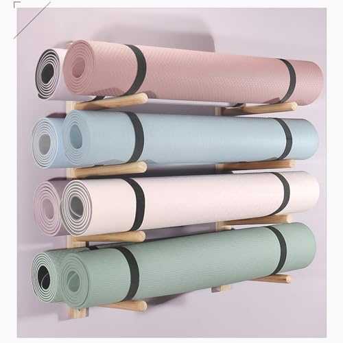 TUJOBA Yogamattenhalter 4-stufiger Yogamattenhalter zur Aufbewahrung von 8 Matten, Hölzerner Wandberg-Yogamattenständer, Platz Sparen, Vielseitiger Organizer für Fitnessgeräte