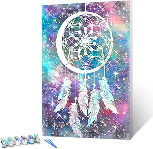Malen Nach Zahlen Erwachsene Traumfänger DIY Ölgemälde Leinwand Set mit Pinsel und Acrylpigment für Frauen Home Deko Geburtstag Weihnachten Geschenk - Feder 30x40cm (rahmenlos)