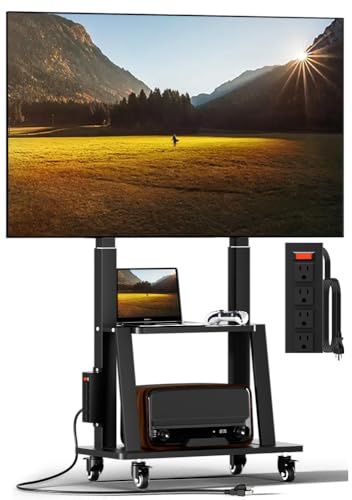Duiliuu Mobile TV Cart with Power Outlet, Rolling TV Stand on Wheels for 32 to 65 70 75 83 inch TV, Height Adjustable,Holds up to 130LBS, Vesa 600×400mm.