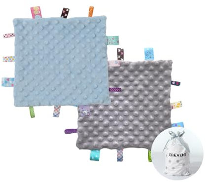 CREVENT Couverture de sécurité pour bébés, Petit taggie Douce pour garçons et Filles, pour Anniversaire, fête prénatale, 25,4 x 25,4 cm (Bleu + Gris)