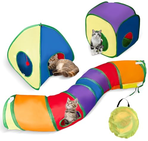 3 in 1 Rainbow Cat Tunnel Toy - Foldable Cats Play Tunnel Cube Tent, Cat Interactive Maze Toy, Tunnel Toy Gifts for Pets Kitten Puppy Rabbit Piggy Guinea Pig, Easy to Fold and Clean