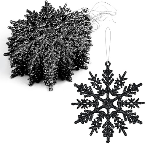 Veylin Schwarze Weihnachtsbaumdekorationen, 12 Stück Schneeflocken-Ornamente Hängende Dekorationen