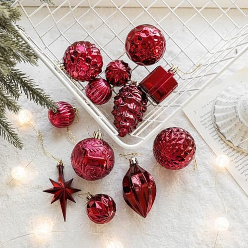 Besttoolifes Weihnachtsbaumschmuck-Set, 12-teilig, galvanisiert, achteckig, Stern, Tannenzapfen, Kugel-Anhänger, Dekoration, leichte Kugeln für Urlaub, Heimdekoration, 12 cm (rot)