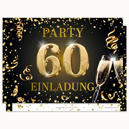 Edition Colibri Einladungskarten zum 60. Geburtstag, 10 Stück, Format A6, Karten-Set, Einladung, zum Beschriften, Party schwarz, gold (11178 DE)