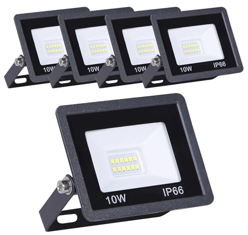 VZLED - Proyector LED 10W IP65, Luz Fría 6000K, Reflector LED Exterior de Bajo Consumo, Carcasa de Aluminio, Resistente al agua, Pack 5 uds
