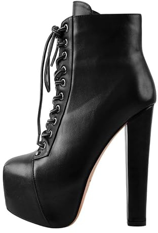 blingqueen Bottines à lacets pour femme - Talon bloc, Noir lisse, 38 EU