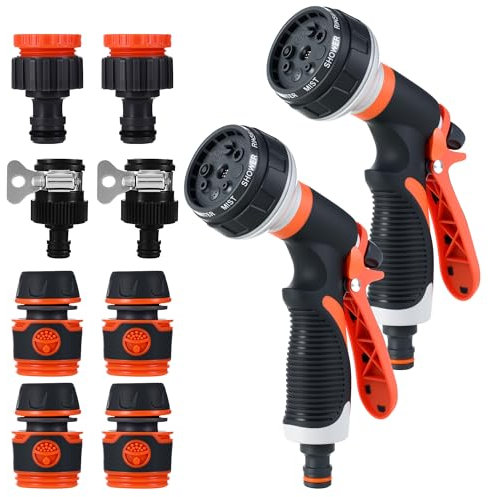 Pistola Acqua Giardino, set da 2 pezzi, 8 modalità di spruzzo regolabili, Pistole Per Innaffiare, adatto per irrigazione del giardino, attrezzo da giardinaggio multifunzione (arancione)