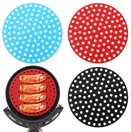 Classicseali 3PCS Round Silicone Air Fryer Liner,8 Inch Air Fryer Silicone Liner, Easy to Clean Reusable Airs Fryers Liners, for Most Airs Fryers Baskets, Black, Red, Blue