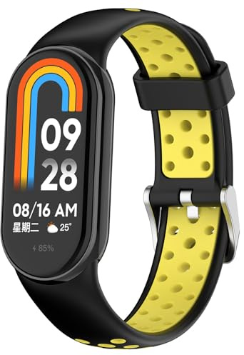 QJONSIU Klockarmband för Xiaomi Smart Band 10, Andningsbar Sportband i Silikon, Tvåfärgad Rem, Ersättningsrem för Xiaomi Smart Band 10-Svart/Gul