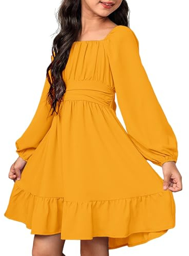 Mjjsk Vestido de fiesta para niñas, elegante vestido de otoño de manga larga con volantes en la espalda, vestido de princesa, boda, cumpleaños, vestido casual liso para niños