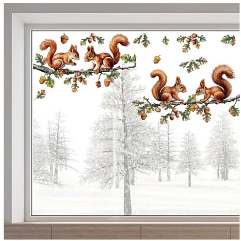 GORGECRAFT 38 x 120cm Eichhörnchen Fensteraufkleber Große Eicheln Tier Herbst Glasfenster Aufkleber PVC Wasserdicht Entfernbar Nicht Klebend Schiebetür Dekor Statisch Haftend Für Dekorationen Zu Hause