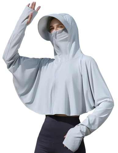 Hikiwin Womens UPF 50+ Sun Hoodie Shirts with Mask and Brim,Long Sleeve UV Protection Ice Silk Quick Drying Sunscreen Clothes,Hiking Cycling Outdoor Jacket,Light Gray,1 Piece
