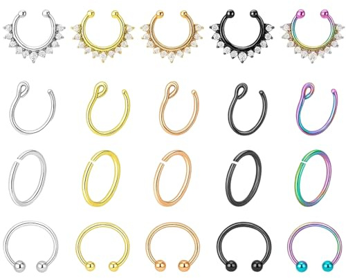 20 Stück Nicht-Piercing Nasenschmuck, 4 Designs in 5 Farben,Fake Piercings, Fake Septum und Fake Nose Ring Set, Ideal für Cosplay und Alltag,Kein Piercing nötig