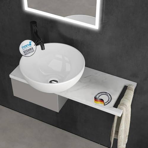 Alpenberger Aufsatzwaschbecken Rund mit Keramik Waschtischplatte in Marmor Optik Weiß 70cm | Waschbecken Waschschüssel Ø 36 cm mit Nano | Waschtisch mit Edelstahlkasten