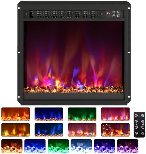 COSTWAY 19”/49cm Electric Fireplace, Recessed Freestanding Fire Heater with 8 Flame Color, 3 Brightness, Thermostat, Timer, Remote Control & Overheat Protection (19”, 1500W-1600W, with Crystals)