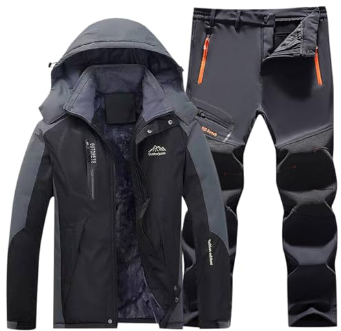 Generico Tuta da sci da uomo set 2 pezzi tuta neve per attività all'aria aperta antivento con cappuccio traspirante pantaloni neve e giacca in softshell per sci snowboard
