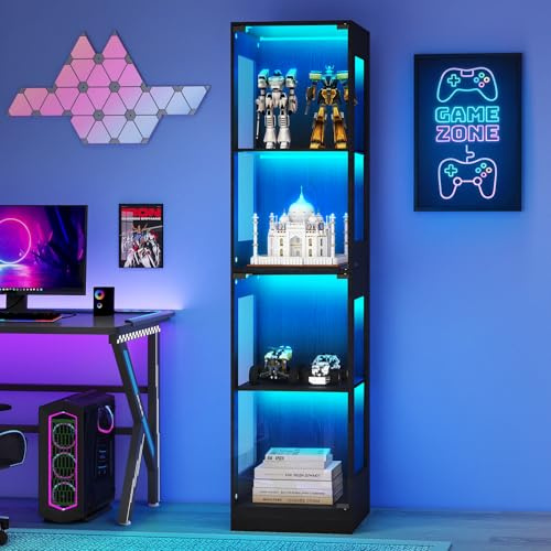 ELECWISH Display Cabinets with Glass Doors, 4 Tier 165cm LED Glass Display Cabinets with 3 Color Lights, Glass Cabinet with Human Body Sensor, Trophy Glass Display Cabinet for Collectibles, Black