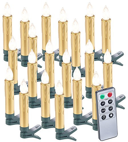 Lunartec LED Kerzen Timer: 20er-Set LED-Weihnachtsbaumkerzen mit Fernbedienung und Timer, Gold (Kabellose Weihnachtsbaumkerzen, LEDkerze, Weihnachtsmann)