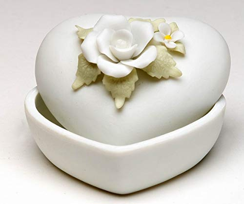 Cosmos Gifts Corp Fine Porcelain White Rose Heart Shape Keepsake Trinket Ring Cover Box, 2-1/2 L