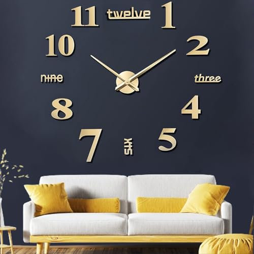 Orologio da Parete Silenzioso Preciso Fai da Te, Moderno Decorazione 3D Adesivo Grande per Home Office Decor Regalo (Oro)