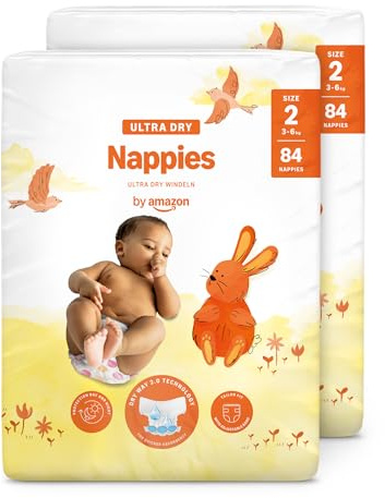 By Amazon Pañales ultra-secos, Talla 2 (3-6 kg), Con canales, Bianco, 168 Unidad (2 Paquetes de 84) - Nueva versión (Anteriormente una marca Mama Bear brand, el mismo producto)