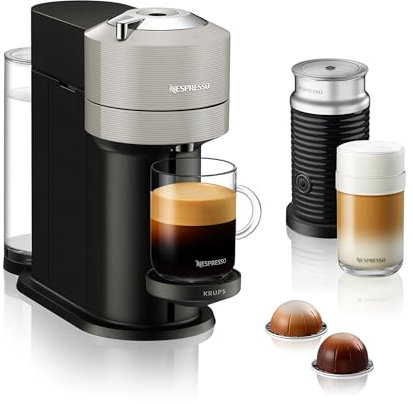Nespresso Krups XN911B Vertuo Next, Macchina da caffè con montalatte Aerroccino, serbatoio d'acqua da 1,1 L, riconoscimento delle capsule tramite codice a barre, 5 tazze, grigio chiaro
