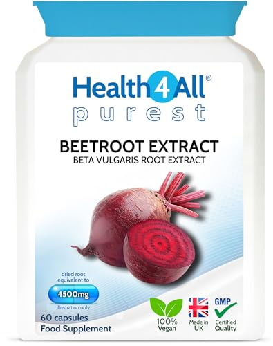 Health4All Beetroot Extract 4500mg per Capsule 60 Capsules (not Tablets) Purest: no additives Vegan Beta Vulgaris Supplement standardised to nitrates Contents, Blood Pressure Support | Made in UK