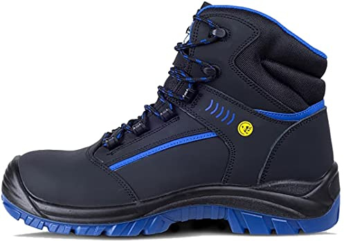 WORKTEAM Bota de Seguridad Antiestática ESD, Piel de Nobuk, resistente al deslizamiento, perforación, hidrocarburos y absorción de agua, puntera antiimpactos. Unisex Negro+Azulina 46