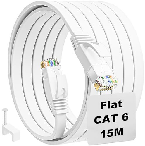 MEIPEK Cable Ethernet 15 Metros, Cat 6 Cable de Red Plano Largo Latiguillo Rj45 Cat 6 Cable Network Gigabit Blanco Alta Velocidad Cable Internet 15m para Switch, Router, Módem, Panel de Conexión, PC