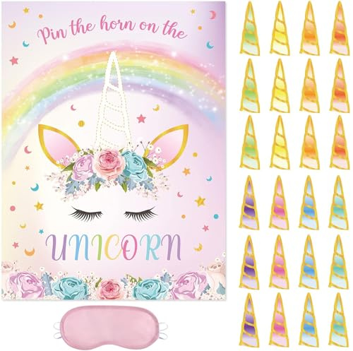 WERNNSAI Pin the Horn on the Unicorn Game - 51 × 73 cm Einhorn Partyspiel für Kinder Mädchen mit 24 Hörnern Geburtstagsparty Supplies