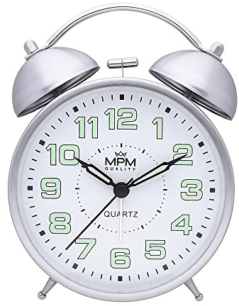 MPM Quality, Design Wecker, Cooper Colour Alarm Clock, Silber, Retro Analog Deko, Luminiszierende Zahlen, Doppel-Alarm, Vintage, Quarz-Uhrwerk, Nachtlichtfunktion, 150 x 110 x 53 mm