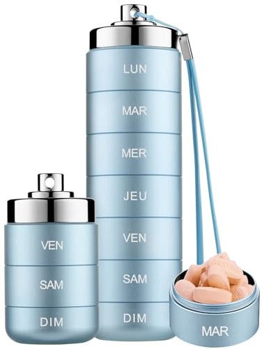 Pilulier Semainier 7 Jours Métal Voyage Pilulier Organisateur, Boîte à Pilules de Voyage étanche et Empilable pour Vitamines, Huile de Poisson, Suppléments
