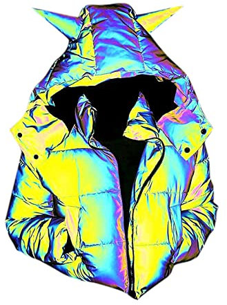 Glow Rainbow Hip Hop Mantel Schwarz Reflektierende Jacke für Damen Abnehmbarer Kapuzenreißverschluss Warmer Kurzmantel mit Taschen Herren Jagdbekleidung