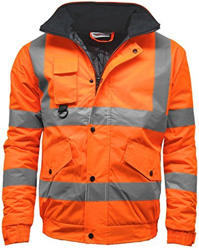 Golomak® Hi Vis Viz Bomber Jacket High Visibility Workwear Safety Security Hooded Padded Waterproof Taped Seams Work Wear Coat Top (Orange, Small)