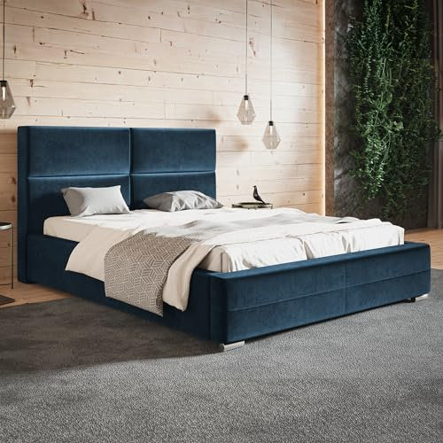 MOTIVENA Malaga Polsterbett 120x200 mit Bettkasten, mit Stauraum, mit Kopfteil, ohne Matratze, Bett Samt, Polsterbett 120x200 Blau Dunkelblau