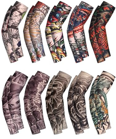 Boao 20 Pcs Men's Cooling Arm Sleeves Long Fingerless Arm Cover Anti Slip UV Protection Sun Temporary Tattoo Sleeves(Novelty Style,Bright Colors,Large)
