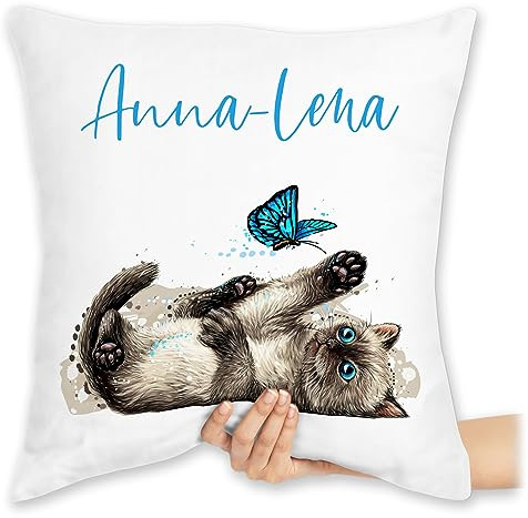 Kissen 40x40 Zierkissen - Katzen - Süße verspielte Katze Cat - 40 x 40 cm - Weiß - personalisiertes katzenmotiv kätzchen sofakissen cats name katzenmotiven katzenliebhaberin katzenbesitzerin