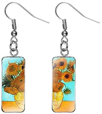 Vincent van Gogh Art Painting Boucles d'oreilles pendantes en acrylique avec image imprimée tournesols, nuit étoilée, terrasse de café la nuit, le cri, iris, 2.5cm x 1cm, Acrylique Acier inoxydable
