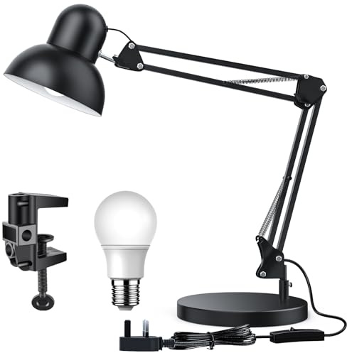 LONGTOO Bigger Desk Lamp, Flexible Clamp Table Lamp with E27 Screw Bulb | Bigger in Size, Adjustable 65cm Swing Arm Desk Lamp for Office, Bedside, Studying, and Reading