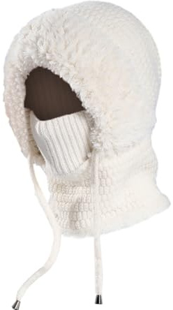 JAWSEU 3 IN 1 Winter Damen Strickmütze Fliegermütze mit Ohrenschutz Warm Skimütze mit Schal Winter Sturmhaube Mütze Wintermütze mit Bommel Wintermütze mit Plüschfutter Outdoor Radfahren Skifahren