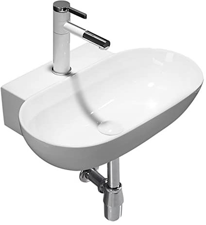 Lavabo Salle de Bain Lavabo de salle de bain mural de 22 po, lavabo ovale en céramique blanche, lavabo de salle de bain suspendu en céramique de porcelaine avec robinet et drain Lave-Mains Évier