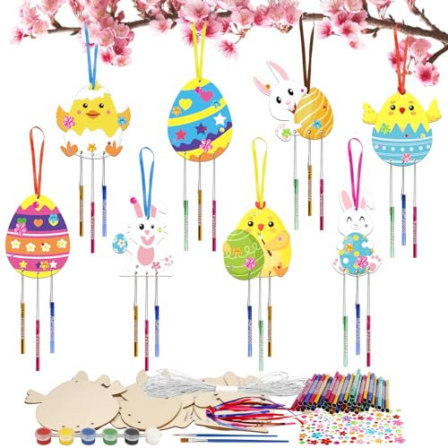 HONMOK 8pcs Ostern Windspiel Bastelset, Ostern Kinder Basteln Holz mit Osterhase Osterküken Ostereier, Osterwindspiel mit Farbe, Osterbasteln zum Bemalen, Ostern Geschenk für Freunde Mänchen Jungen