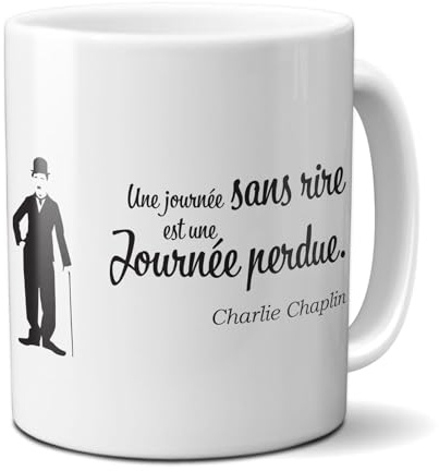 DECOHO - Mug citation Charlie Chaplin Une journée sans rire est une journée de perdue - 33 cl, céramique - Imprimé en France - Blanc