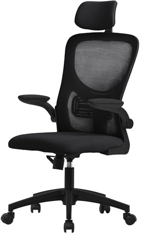 ML-Design ergonomisk kontorsstol, svart, tillverkad av mesh, skrivbordsstol med justerbart nackstöd, armstöd, svankstöd, datorstol med gungfunktion, snurrstol med hjul, gamingstol